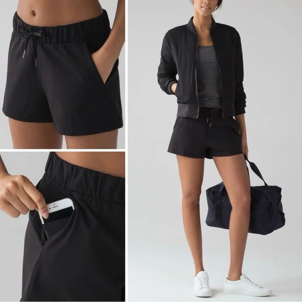 Lululemon Athletica On the‎ Fly Black Drawstring Shorts Elastic Waist Size 6